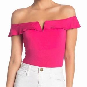 Elodie Pink Bodysuit Ruffle Off Shoulder Fuchsia Ruffle One Piece Sweetheart